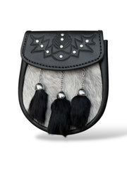 Men's Scottish Black Leather Sporran | Embossed Thistle Design | 3 Black Tassels | Kilt Sporran With Chain Strap