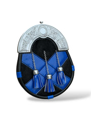 Men's Scottish Black & Blue Leather Sporran | 3 Blue Tassels | Chrome Cantle | Kilt Sporran With Chain Strap