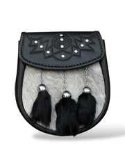 Men's Scottish Black Leather Sporran | Embossed Thistle Design | 3 Black Tassels | Kilt Sporran With Chain Strap