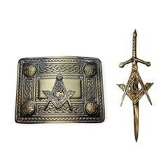 Men’s Antique Gold Masonic Kilt Pin and Buckle Set – Scottish Freemason Regalia