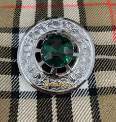 Scottish Kilt Fly Plaid Brooch Green Stone Chrome Finish 3" Ladies Sash Kilt Brooch
