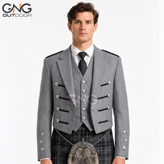 Men’s Grey Scottish Prince Charlie Jacket & Waistcoat Set Formal Kilt Jacket