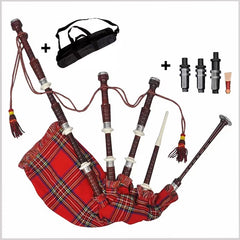 Scottish Highland Bagpipes Red Tartan Rosewood Color Full Nickel Silver Set with Carrying Bag