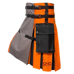 Men's Grey & Orange Tactical Utility Kilt with Cargo Pocket – Modern Highland Style