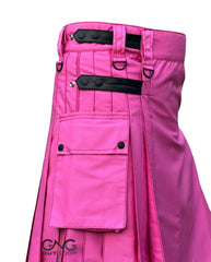 Men's Pink Modern Utility Kilt with Black Leather Straps