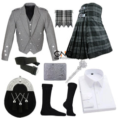 Men's Traditional Scottish Kilt Set | Grey Wool Prince Jacket & Tartan Kilt