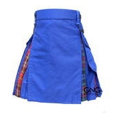 Men's Scottish Blue Utility Kilt Red Tartan Pleated Hybrid Fashion Kilt