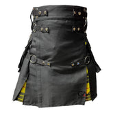 Men's Scottish Gothic Hybrid Utility Kilt | Black with MacLeod of Lewis Yellow Tartan Pleats