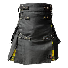 Men's Scottish Gothic Hybrid Utility Kilt | Black with MacLeod of Lewis Yellow Tartan Pleats