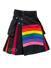 Men’s Black Utility Kilt with Multicolor Rainbow Apron Modern Hybrid Festival & Fashion Kilt, Sizes 28–62