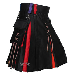 Men's Black Hybrid Utility Kilt with Rainbow Pleats & Laces | Pride Kilt