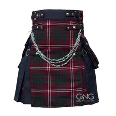 Men's Scottish Crawford Tartan Front Apron Utility Kilt Black Gothic Chain Hybrid