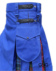 Men's Scottish Blue Utility Kilt Red Tartan Pleated Hybrid Fashion Kilt