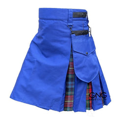 Men's Scottish Blue Utility Kilt Red Tartan Pleated Hybrid Fashion Kilt