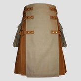 Men's Two-Tone Cotton Utility Kilt Khaki Apron & Brown Pleats