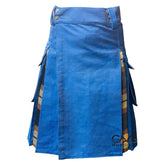 Men's Scottish Sky Blue Denim-Style Utility Kilt Tartan Pleated Hybrid