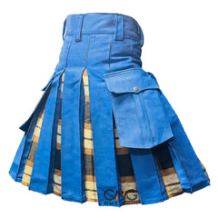 Men's Scottish Sky Blue Denim-Style Utility Kilt Tartan Pleated Hybrid