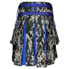 Men's Scottish Camo Cotton Utility Kilt | Blue Pleated Tactical Hybrid