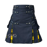 Men's Navy Blue Utility Kilt with Tartan Pleats, Cargo Pockets & Strap Details