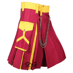 Men’s Maroon & Gold Utility Kilt with Cargo Pockets and Chain Details