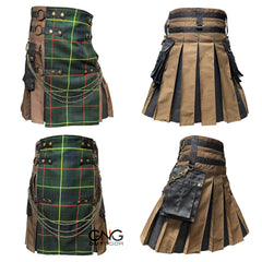 Men’s Hunting Stewart Tartan Gothic Kilt with Chain Detail, Straps & Front Apron – Size 28–60