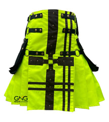 Men's Scottish Lime Green Gothic Utility Kilt | Modern Black Strap & Hardware Design