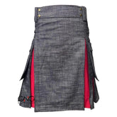 Men's Scottish Black Denim Utility Kilt Red Pleated Fashion Cargo Kilt