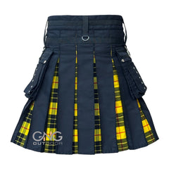 Men's Navy Blue Utility Kilt with Tartan Pleats, Cargo Pockets & Strap Details