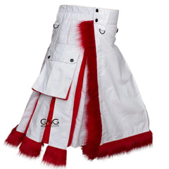 Men’s White & Red Fur Utility Kilt – Scottish Christmas-Themed Modern Fashion Kilt
