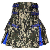 Men's Scottish Camo Cotton Utility Kilt | Blue Pleated Tactical Hybrid