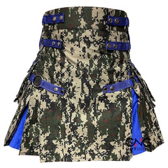 Men's Scottish Camo Cotton Utility Kilt | Blue Pleated Tactical Hybrid