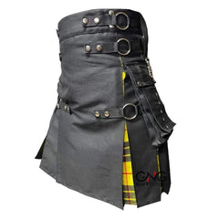 Men's Scottish Gothic Hybrid Utility Kilt | Black with MacLeod of Lewis Yellow Tartan Pleats