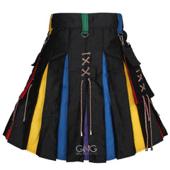 Men's Black Hybrid Utility Kilt with Rainbow Pleats & Laces | Pride Kilt
