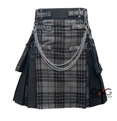 Men's Scottish Grey Tartan Front Apron Utility Kilt | Black Pleats & Gothic Silver Chains