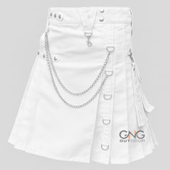 Men's White Gothic Kilt with Silver Chains, D-Rings & Pleated Design