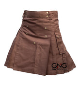 Men's Brown Scottish Utility Kilt Highland Cargo Fashion Kilt with Buckle Straps & Pocket Details