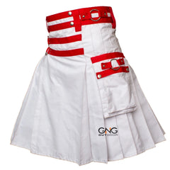 Men’s White & Red Strap Utility Kilt – Scottish Modern Fashion Highland Kilt