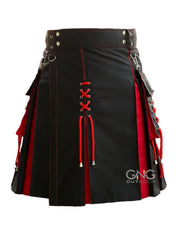 Men’s Black & Red Modern Utility Kilt with Decorative Lacing and Cargo Pocket