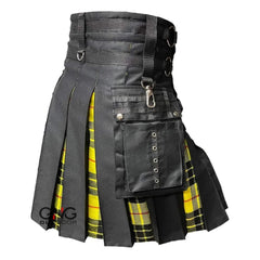 Men's Scottish Gothic Hybrid Utility Kilt | Black with MacLeod of Lewis Yellow Tartan Pleats