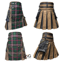Men's Gothic Tartan Utility Kilt – Scottish Highland Front Apron Kilt with Cargo Pockets, Sizes 28-62