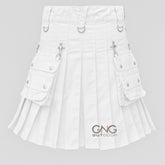 Men's White Gothic Kilt with Silver Chains, D-Rings & Pleated Design