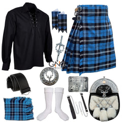 Men's 10-Piece Complete Kilt Outfit | Stag Head Sporran & Blue Tartan Set