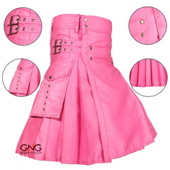 Men's Pink Cargo Utility Kilt with Adjustable Buckles & Pocket Modern Highland Style