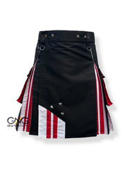 Men's Black Hybrid Utility Kilt with Red & White Stripes and Stars | 28" to 62"