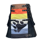 Men's Black Utility Kilt with Color Block Bear Paw Design, Chains & Adjustable Straps