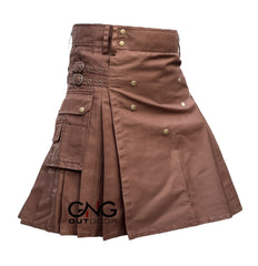 Men's Brown Scottish Utility Kilt Highland Cargo Fashion Kilt with Buckle Straps & Pocket Details