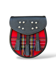 Men's Scottish Royal Stewart Tartan Leather Sporran with 3 Tassels and Chain Strap