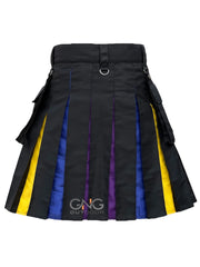 Men’s Black Utility Kilt with Multicolor Rainbow Apron Modern Hybrid Festival & Fashion Kilt, Sizes 28–62