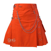 Scottish Orange Gothic Tactical Kilt with Chain Details & D-Ring Straps for Men 28" - 62"