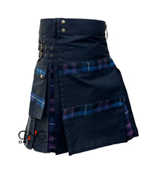 Men’s Black & Tartan Utility Kilt Blue Purple Plaid Accents, Cargo Pockets & Adjustable Straps, Sizes 28–62
